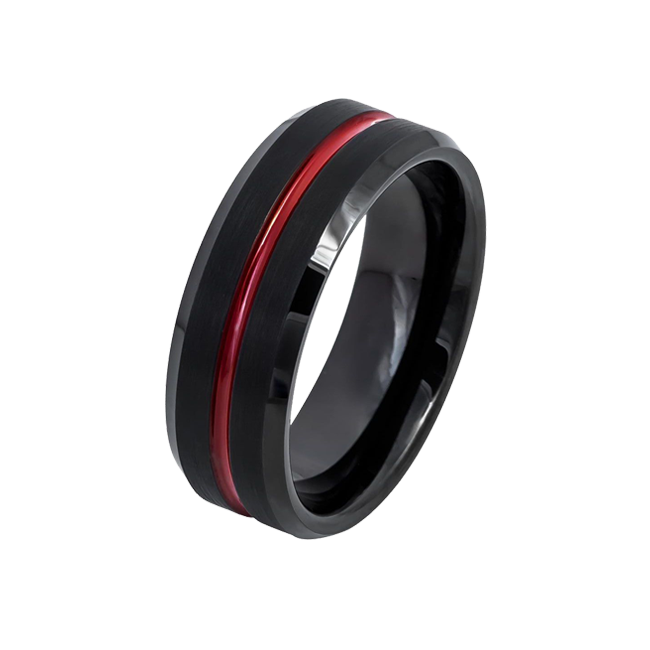 Courageous in Red - Men's Brushed Black IP Tungsten Ring with Grooved Red Center