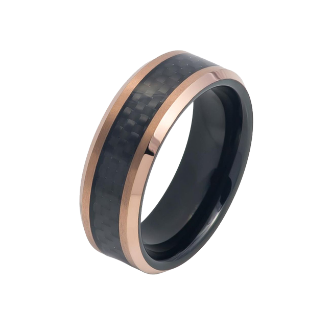 The Mogul - Men's Two Tone Black & Rose Gold IP Tungsten Ring with Carbon Fiber Inlay