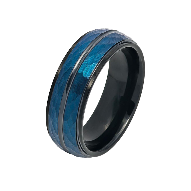McClane - Men's Two Tone Blue and Black IP Hammered Finish Tungsten Ring