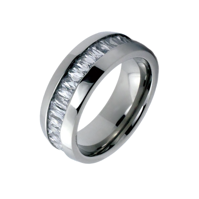 Titanium On The Rocks - Impeccable Solid Titanium Comfort Fit Ring with Cubic Zirconias Center Wedding Band