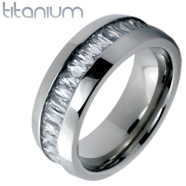 Titanium On The Rocks - Impeccable Solid Titanium Comfort Fit Ring with Cubic Zirconias Center Wedding Band