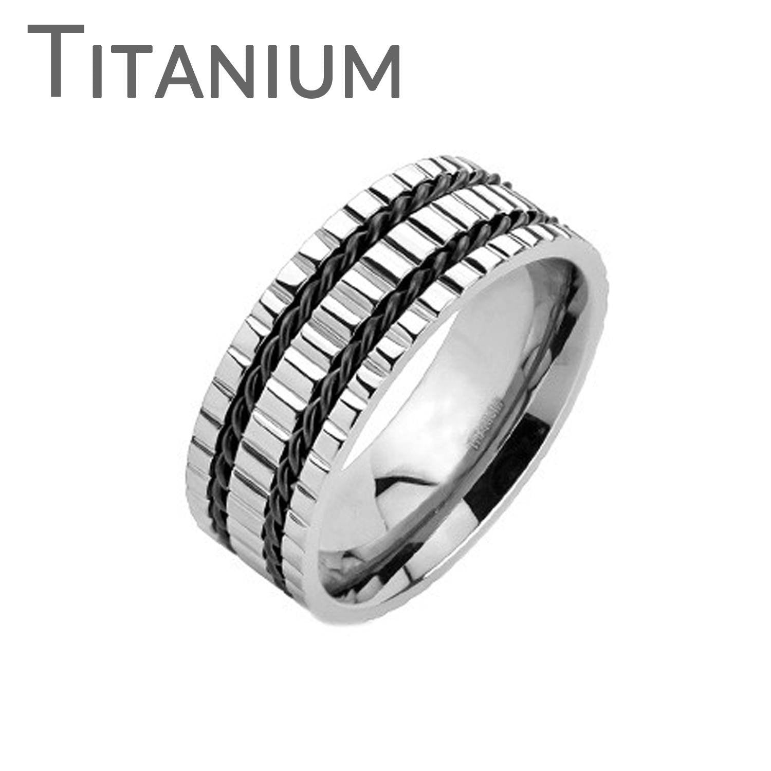 Triple Gears – Triple grooved band with double twisted black wires solid titanium men’s ring
