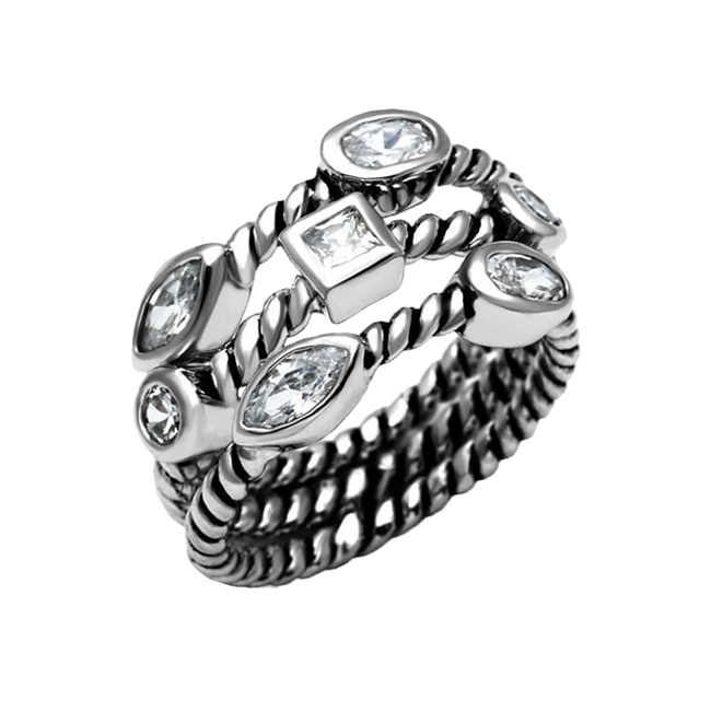 Vixen - Women's High Polished Stainless Steel Ring with AAA Grade Clear CZ Stones