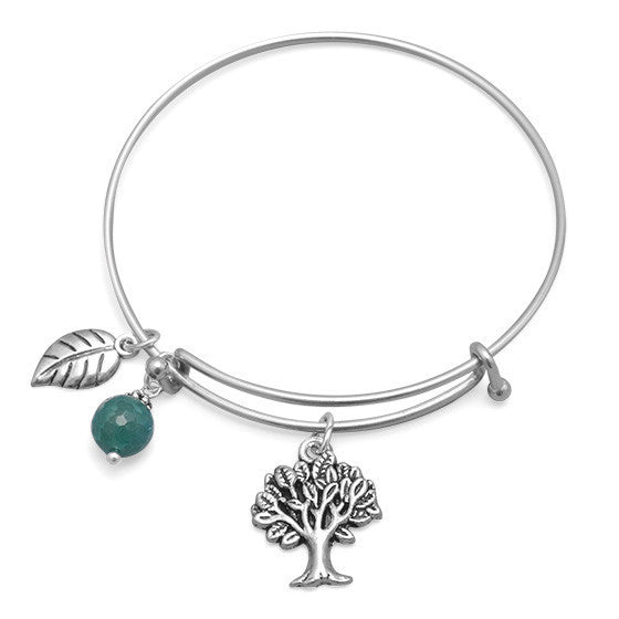 Treetop – Expandable silver-tone bangle tree charm sterling silver bracelet with aqua agate bead