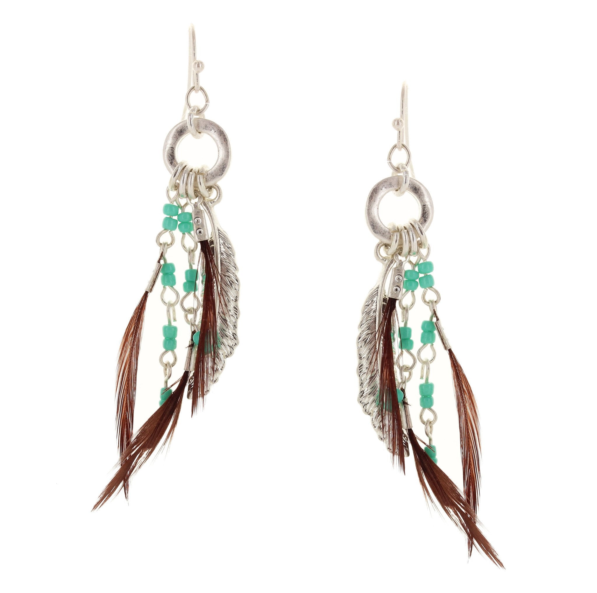 Sparkling Sage - Detailed Bead and Feather Drop Earrings