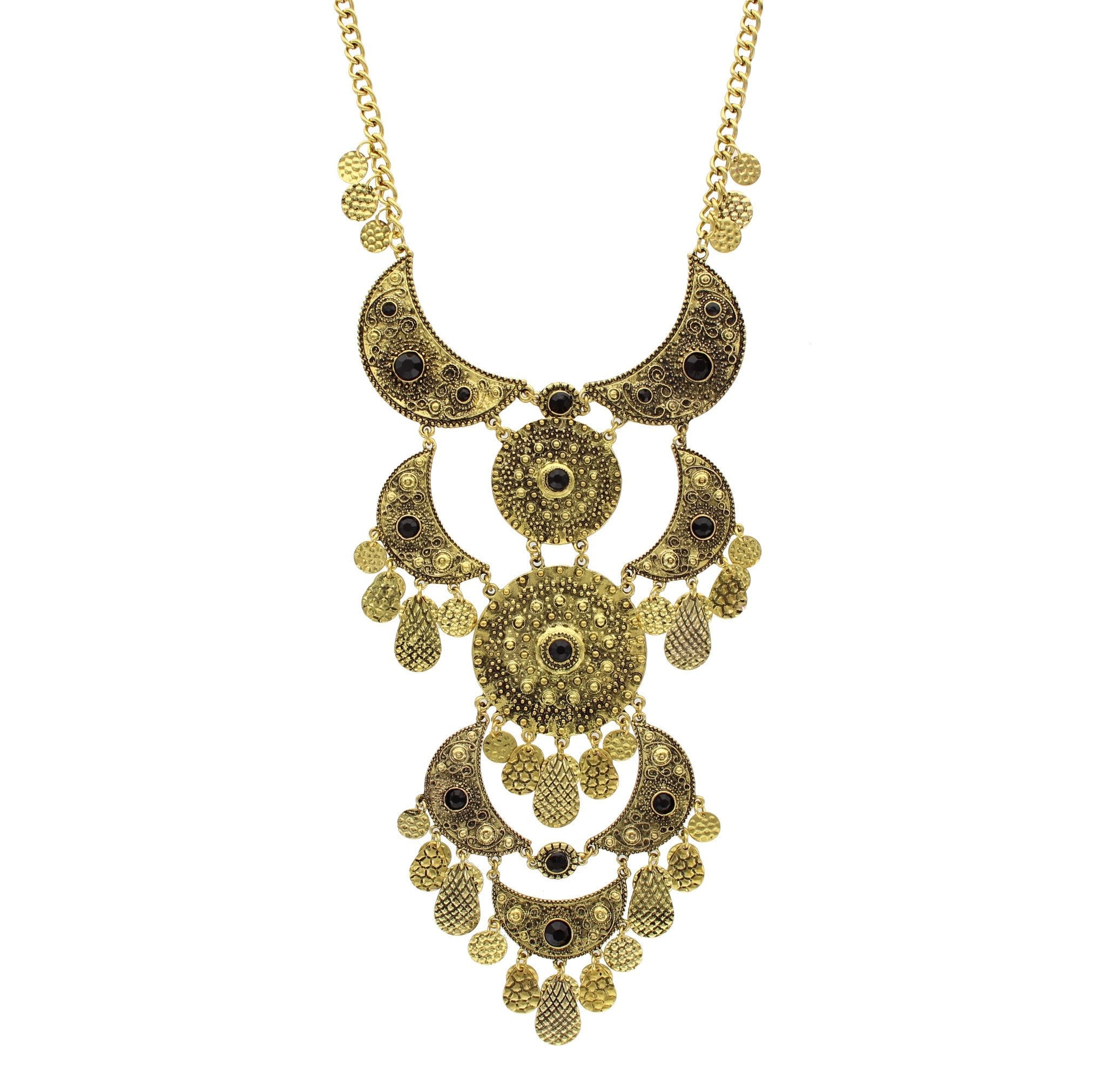 Sparkling Sage - Detailed Crescent and Circle Layered Statement Necklace