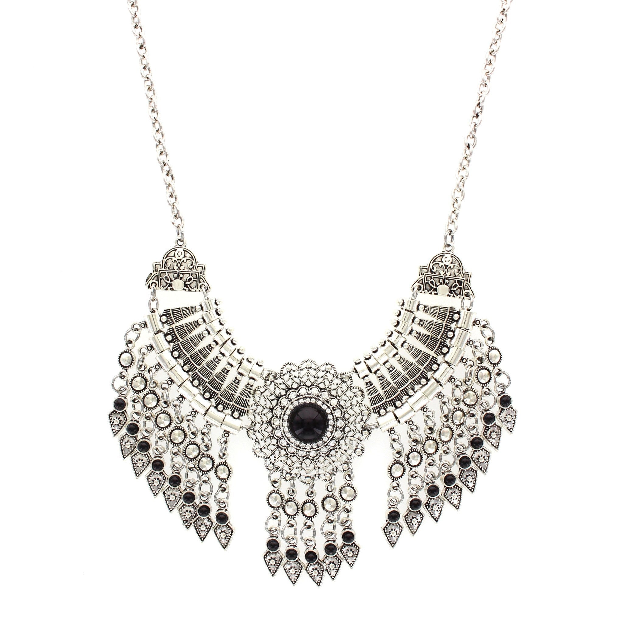 Sparkling Sage - Stone and Crystal Detailed Fringe Statement Necklace