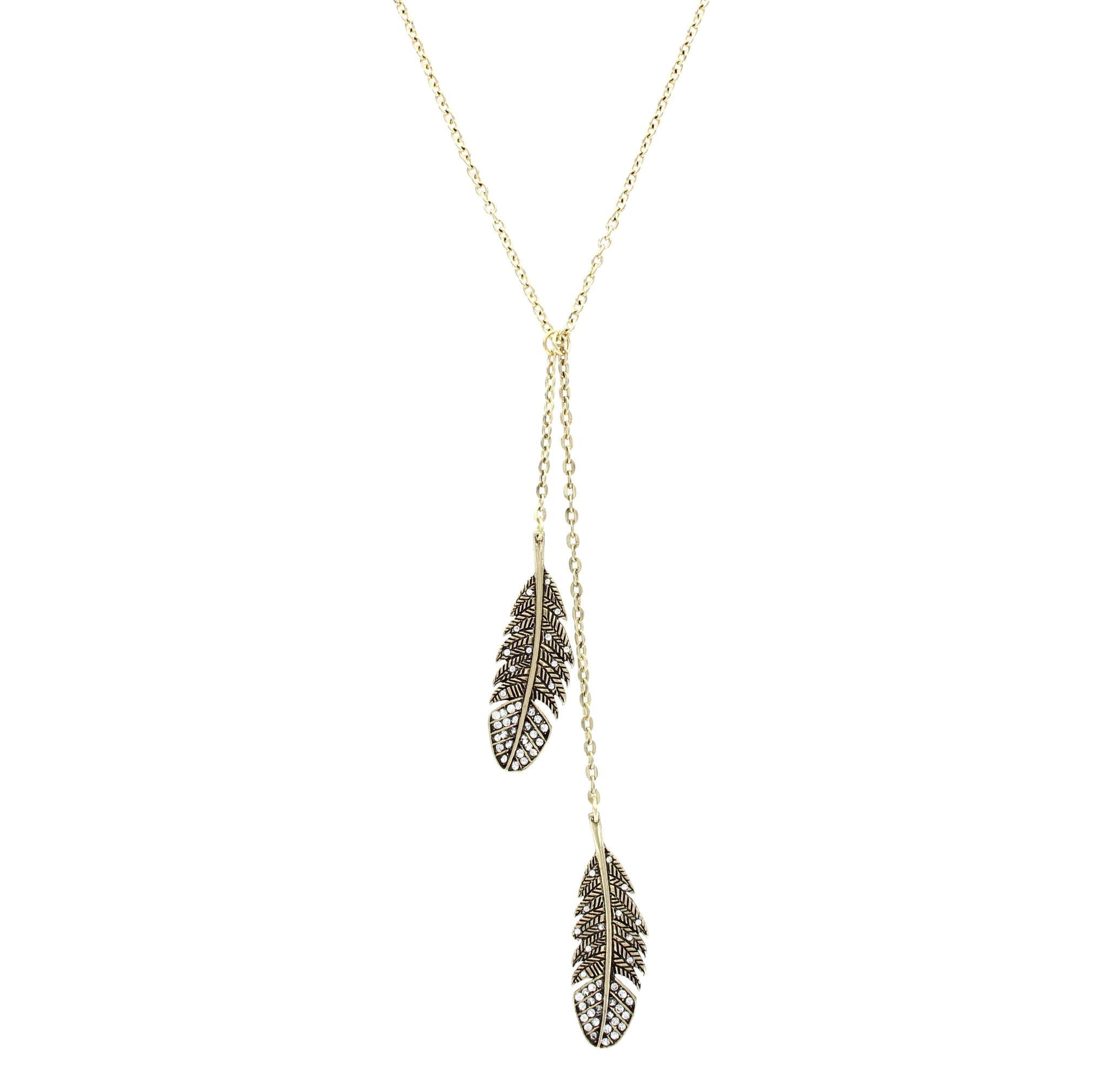 Sparkling Sage - Detailed Double Feather Pendant Necklace