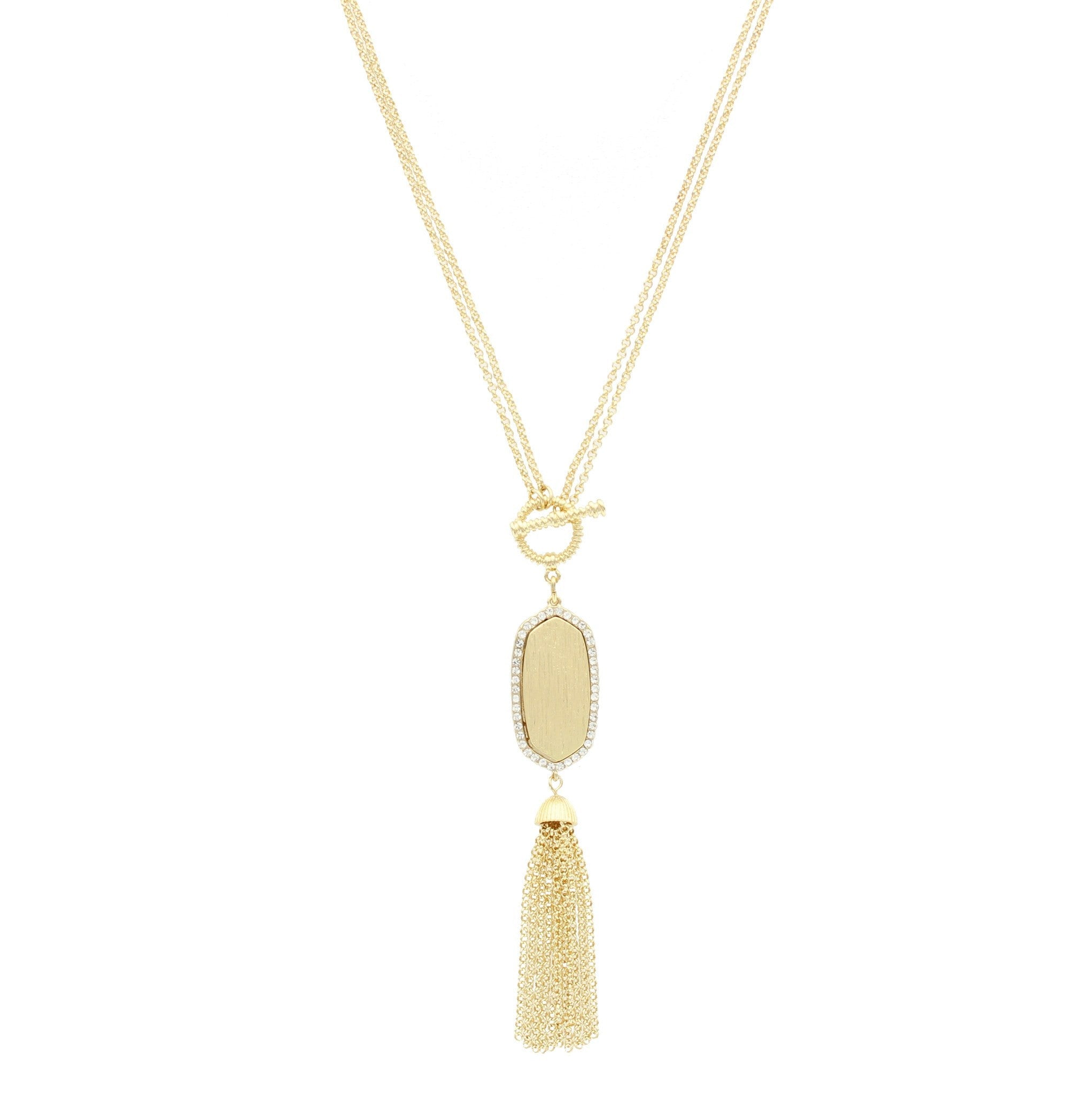 Sparkling Sage - Crystal Detailed Chain Tassel Toggle Necklace
