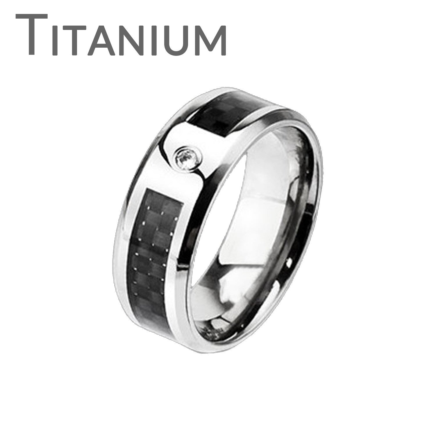 Wall Street - FINAL SALE Solid titanium with cubic zirconia solitaire and black graphite carbon fiber checkerboard inlay