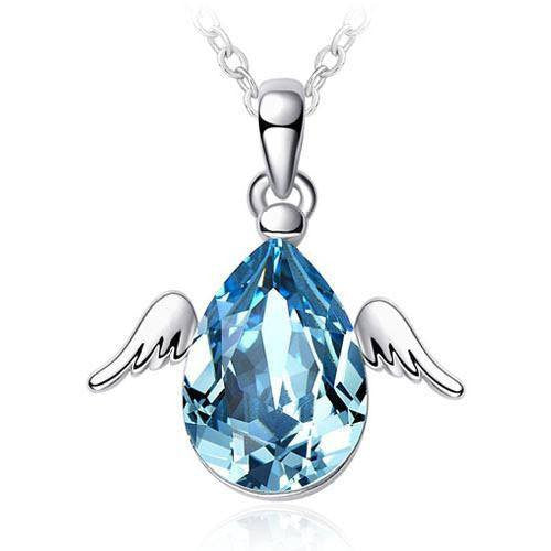 Drop of Angel - White Gold Plated Blue Crystal Water Drop Angel Wing Necklace