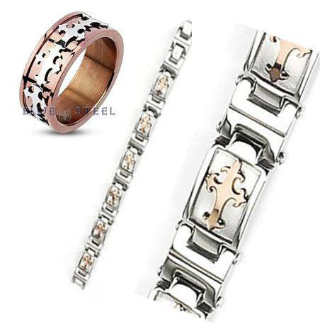 Cardinale Ring and Bracelet Set - Stainless Steel with Celtic Crosses Anodized Copper Color Ring and Silver Bracelet R-10018 and B-10010