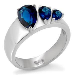Soothing Trio - Blue sapphire pear cut cubic zirconia trio set in a wide stainless steel band