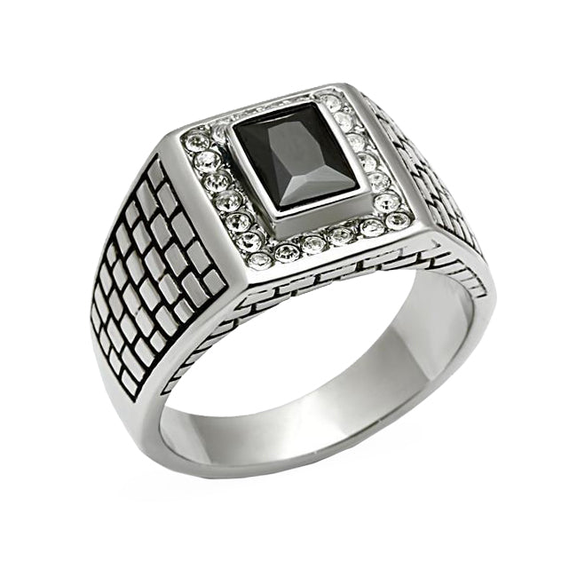 Cobblestone Gem - Men's Stainless Steel Statement Ring With Jet Black Stone