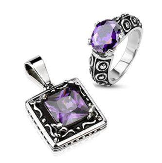 Deep Violet Pendant and Ring Set - FINAL SALE Classic Style Black and Stainless Steel Pendant and Ring Set with Violet Cubic Zirconias R-10030+P-10024