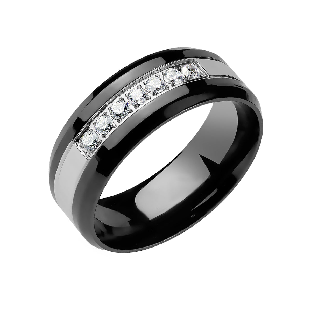 Dignified Shine - Men's CZ Lined Grooved Stainless Steel PVD Ring