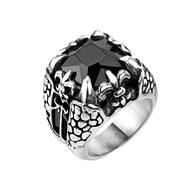 Dragonstone - Large square cut onyx gem dragon claw Fleur De Lis oxidized silver stainless steel men’s ring