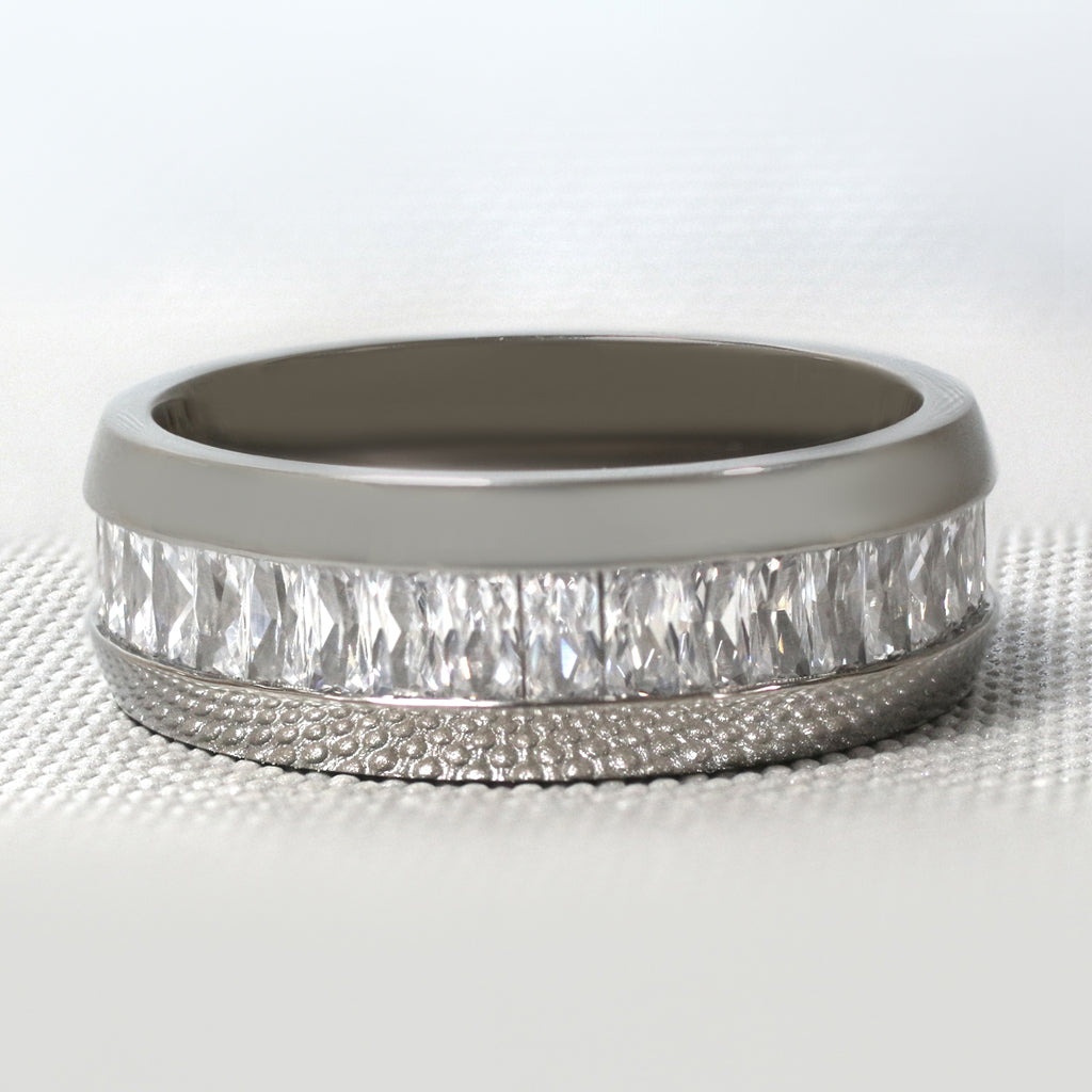 Titanium On The Rocks - Impeccable Solid Titanium Comfort Fit Ring with Cubic Zirconias Center Wedding Band