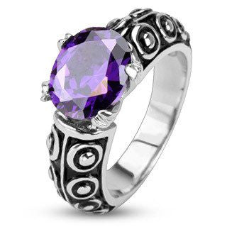 Deep Violet Ring - FINAL SALE Classic Style Black and Stainless Steel Ring with Violet Cubic Zirconia