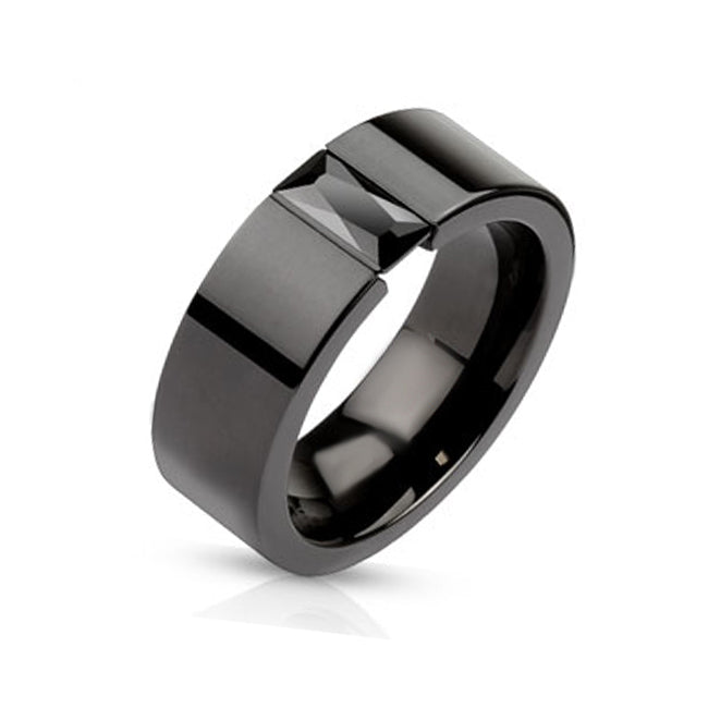 Resilient 6mm- Black Ion Plated Stainless Steel Ring With Rectangular Black Gem