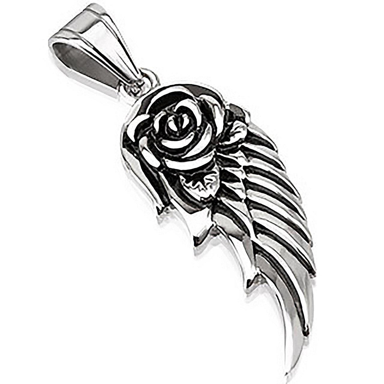 Angelic Rose Pendant - Wing and Rose Stainless Steel Antiqued Pendant