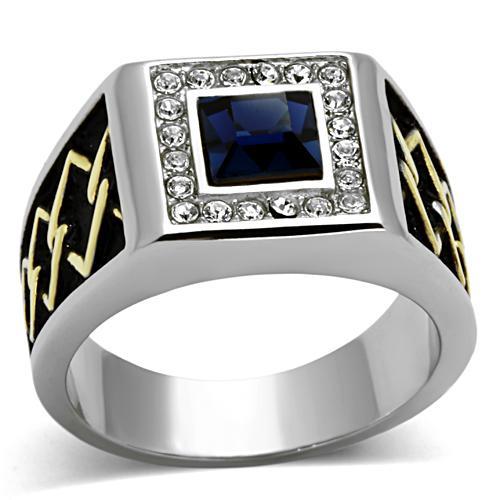 Valiant - Men's Stainless Steel Two-Tone IP Ring With Sapphire Colored Center Stone