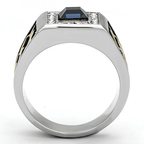 Valiant - Men's Stainless Steel Two-Tone IP Ring With Sapphire Colored Center Stone
