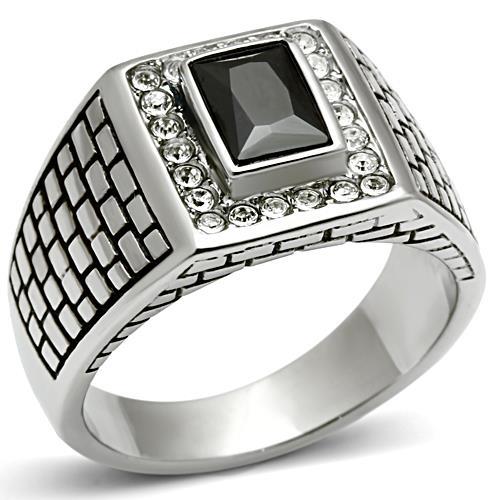 Cobblestone Gem - Men's Stainless Steel Statement Ring With Jet Black Stone