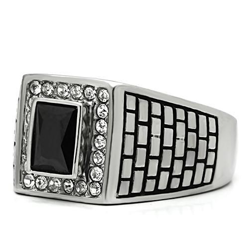 Cobblestone Gem - Men's Stainless Steel Statement Ring With Jet Black Stone