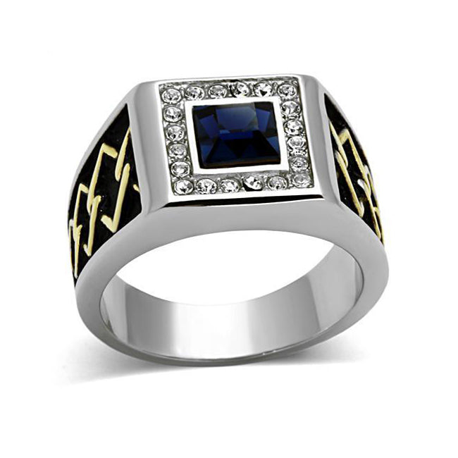 Valiant - Men's Stainless Steel Two-Tone IP Ring With Sapphire Colored Center Stone