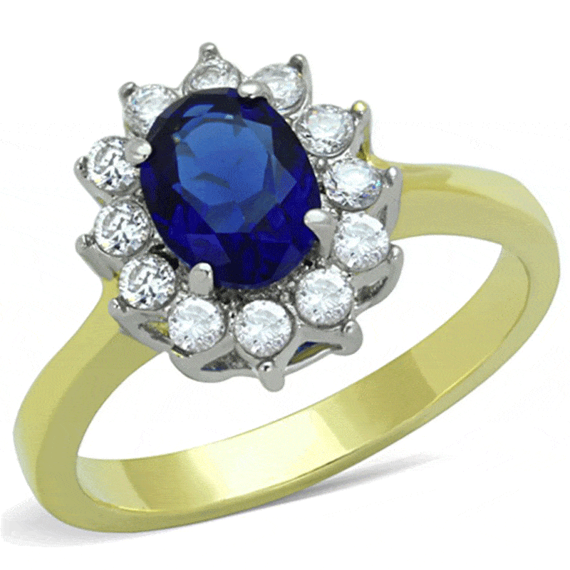Vision of Love - FINAL SALE A Glamorous Sapphire Colored Stone Ring and a High Polished Gold Stainless Steel Band