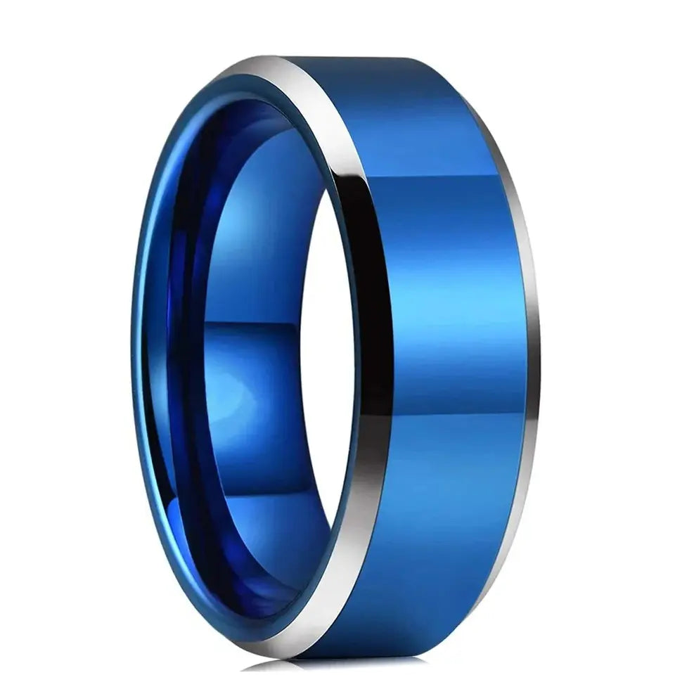Tommyway Stainless Steel Band Ring – Grooved Double Blue Stripes, 0.10 Carat CZ, Men's, Sizes 9-13